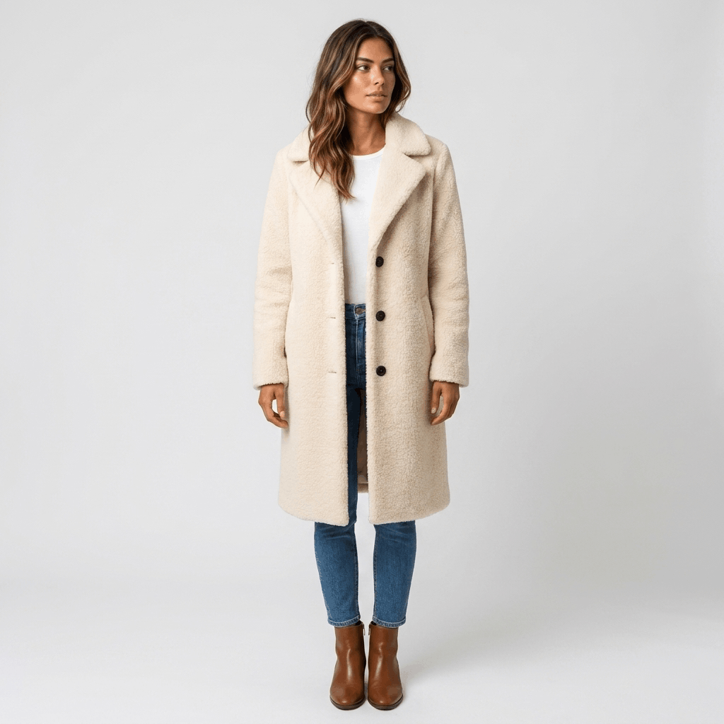 Woman wearing a cream-colored long coat with a notched lapel, front button closure, side pockets, and tailored silhouette, paired with a white top, blue jeans, and brown ankle boots.