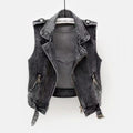 Elara Women’s Denim Vest – Washed Gray Moto Style with Zipper Details