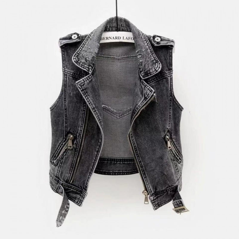 Elara Women’s Denim Vest – Washed Gray Moto Style with Zipper Details