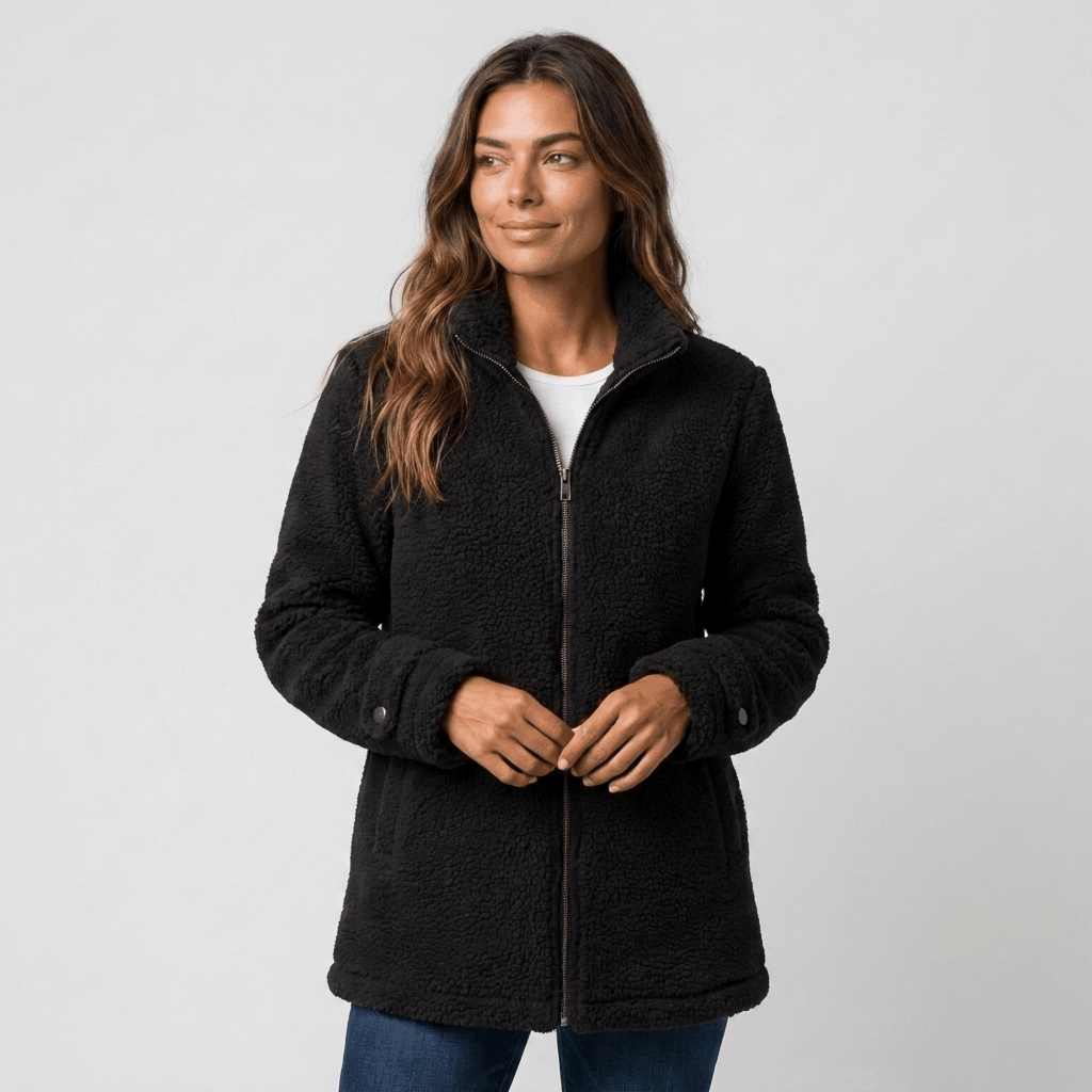Woman wearing a black textured fleece jacket with a stand collar and front zip closure, paired with blue jeans.