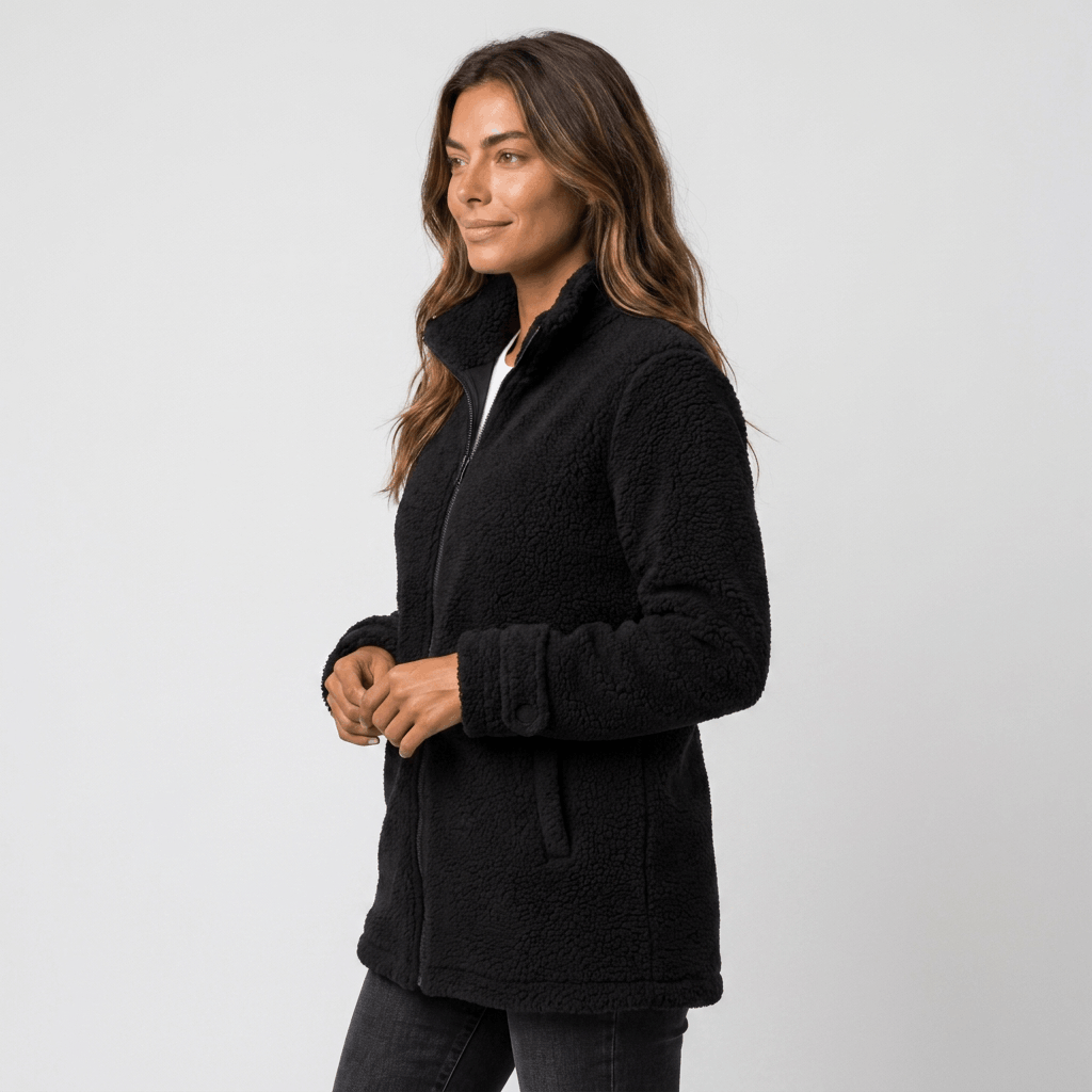 Side view of a woman wearing a black textured fleece jacket with a stand collar and relaxed silhouette.