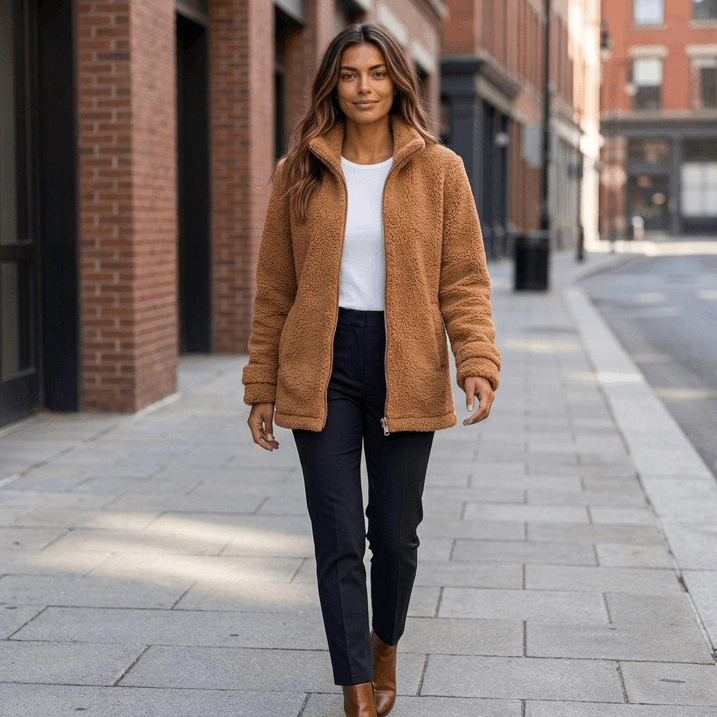 Woman wearing a camel brown textured fleece jacket with dark trousers while walking along a city sidewalk.