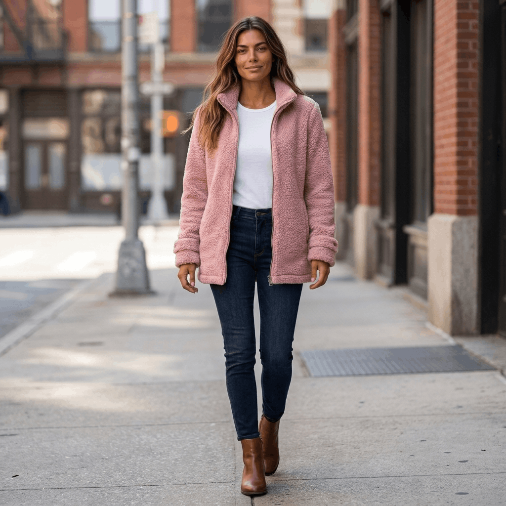 Woman wearing a pink textured fleece jacket with blue jeans while walking along a city sidewalk.