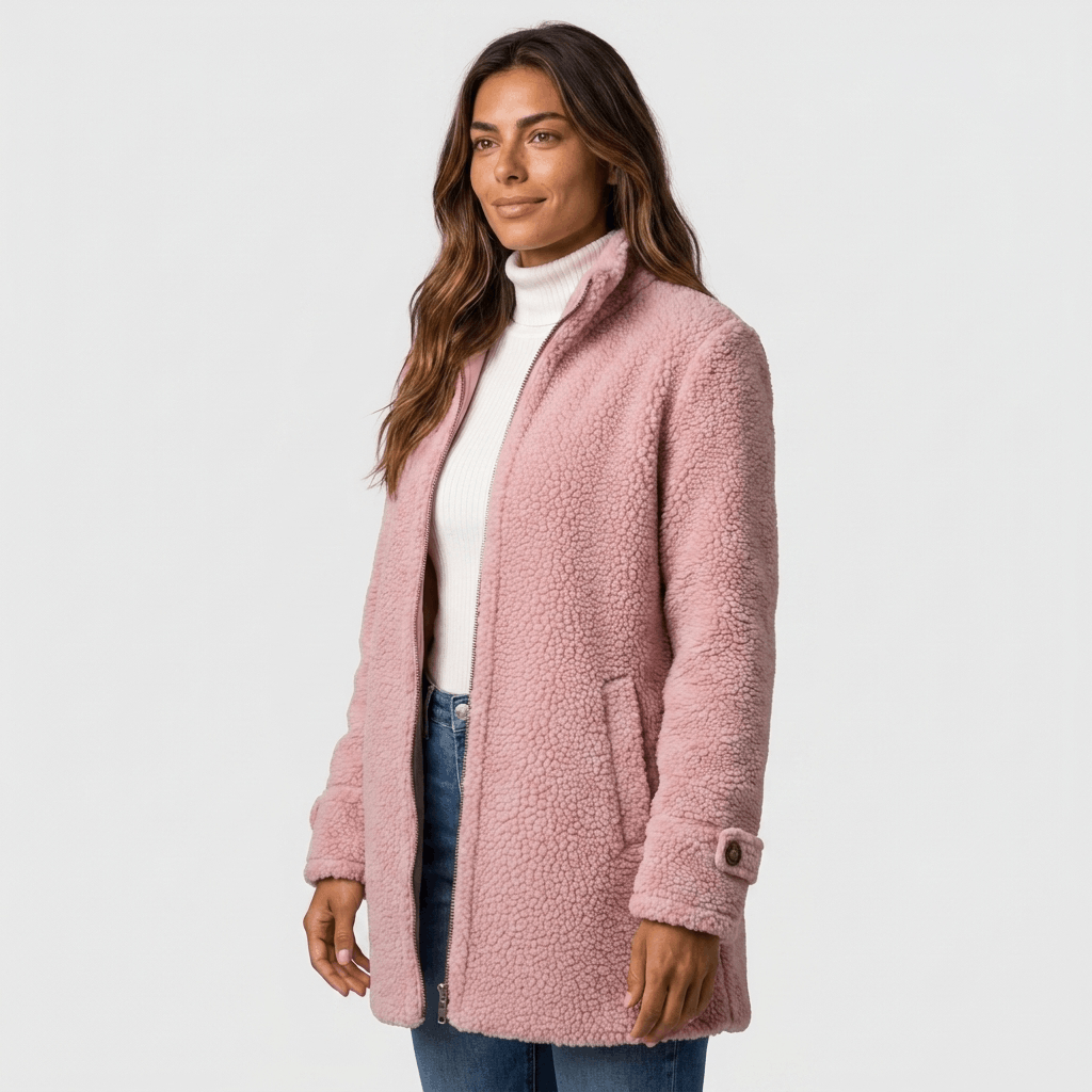 Side view of a woman wearing a pink textured fleece jacket with a stand collar, zip closure, and relaxed silhouette.