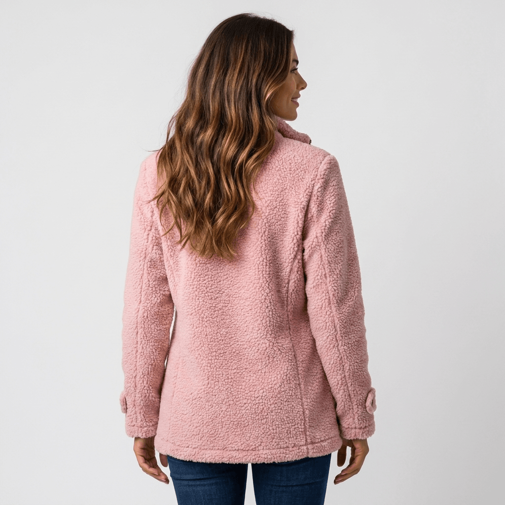 Back view of a woman wearing a pink textured fleece jacket with a relaxed fit and long sleeves.