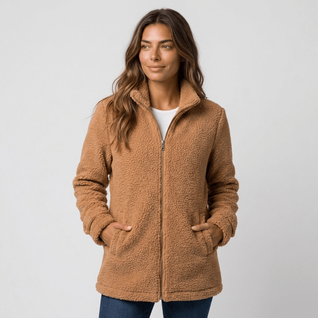 Woman wearing a camel brown textured fleece jacket with a stand collar, front zip closure, and relaxed fit.