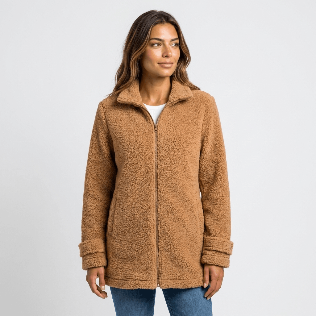 Side view of a woman wearing a camel brown textured fleece jacket with a stand collar and front zip closure.