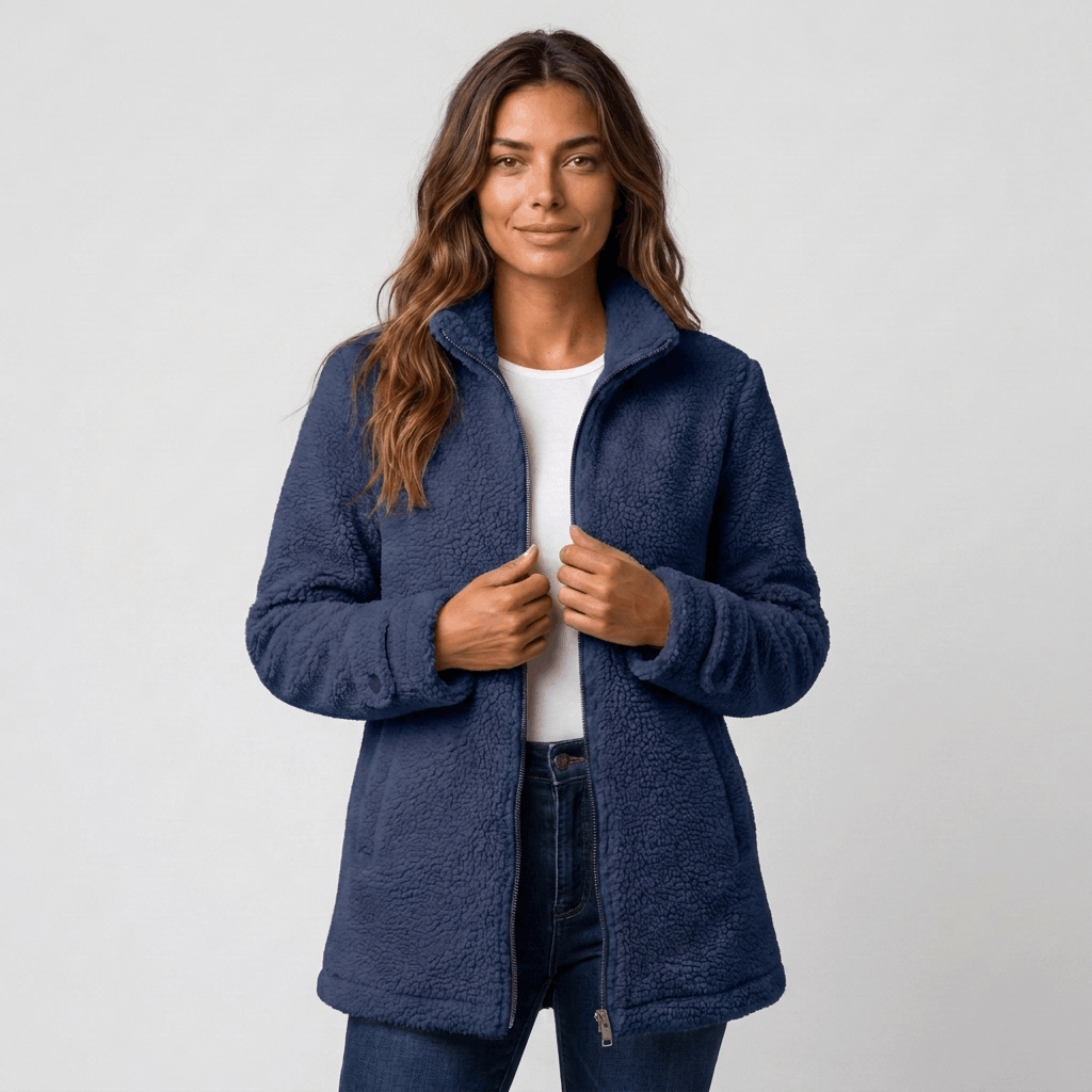Woman wearing a navy blue textured fleece jacket with a stand collar, front zip closure, and relaxed fit over a white top and blue jeans.