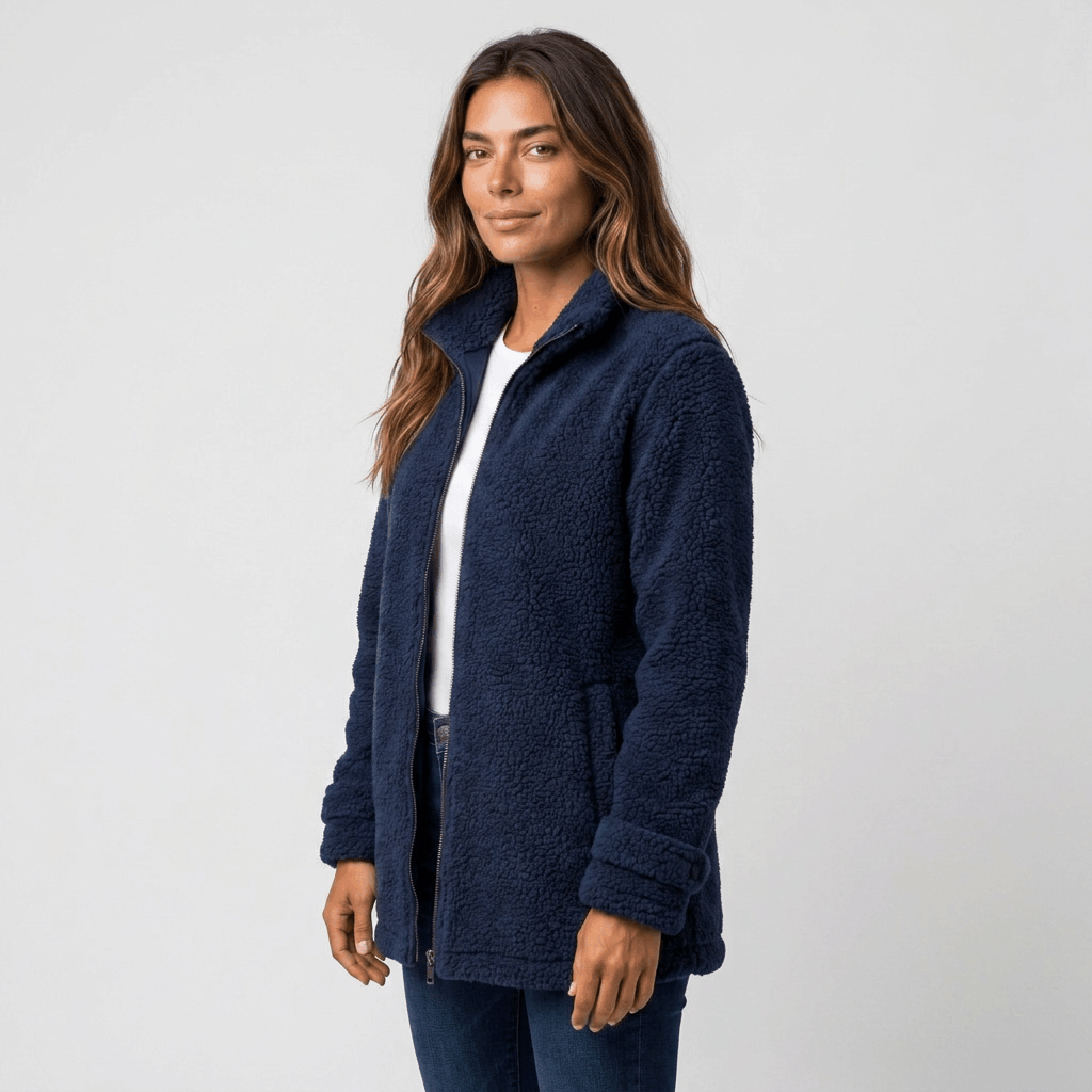 Side view of a woman wearing a navy blue textured fleece jacket with a stand collar and front zip closure.