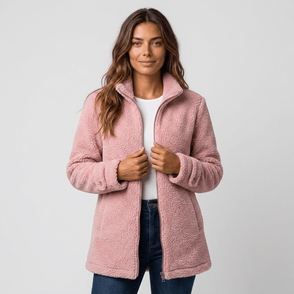 Woman wearing a pink textured fleece jacket with a stand collar, front zip closure, long sleeves, and relaxed fit over a white top and blue jeans.