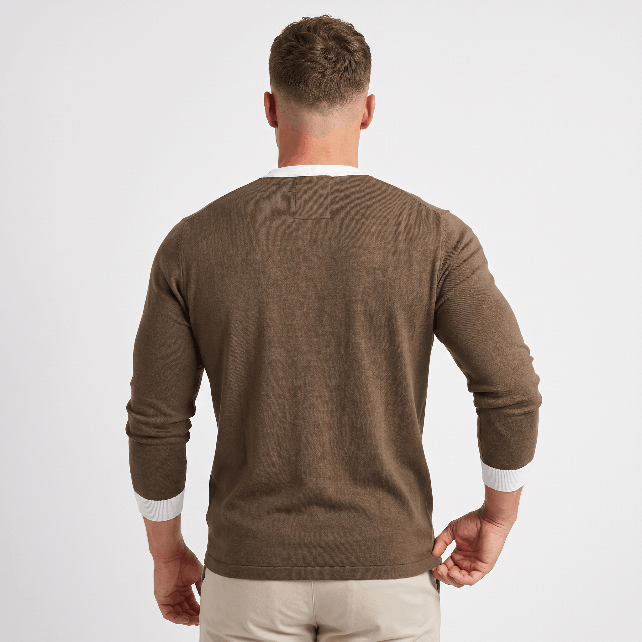 Back view of a men's brown long-sleeve Henley sweater with a classic fit and ribbed trim.