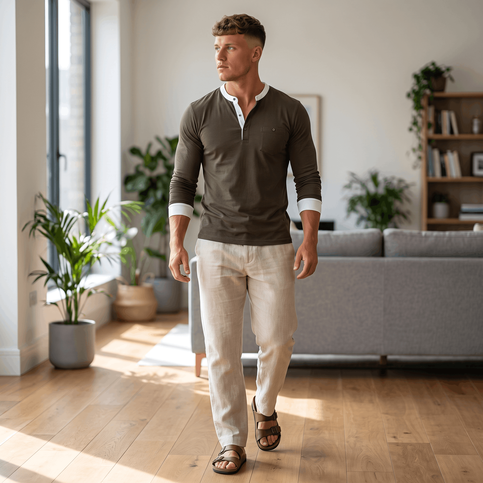 Man wearing an olive green long-sleeve Henley sweater paired with beige trousers in a modern indoor setting.