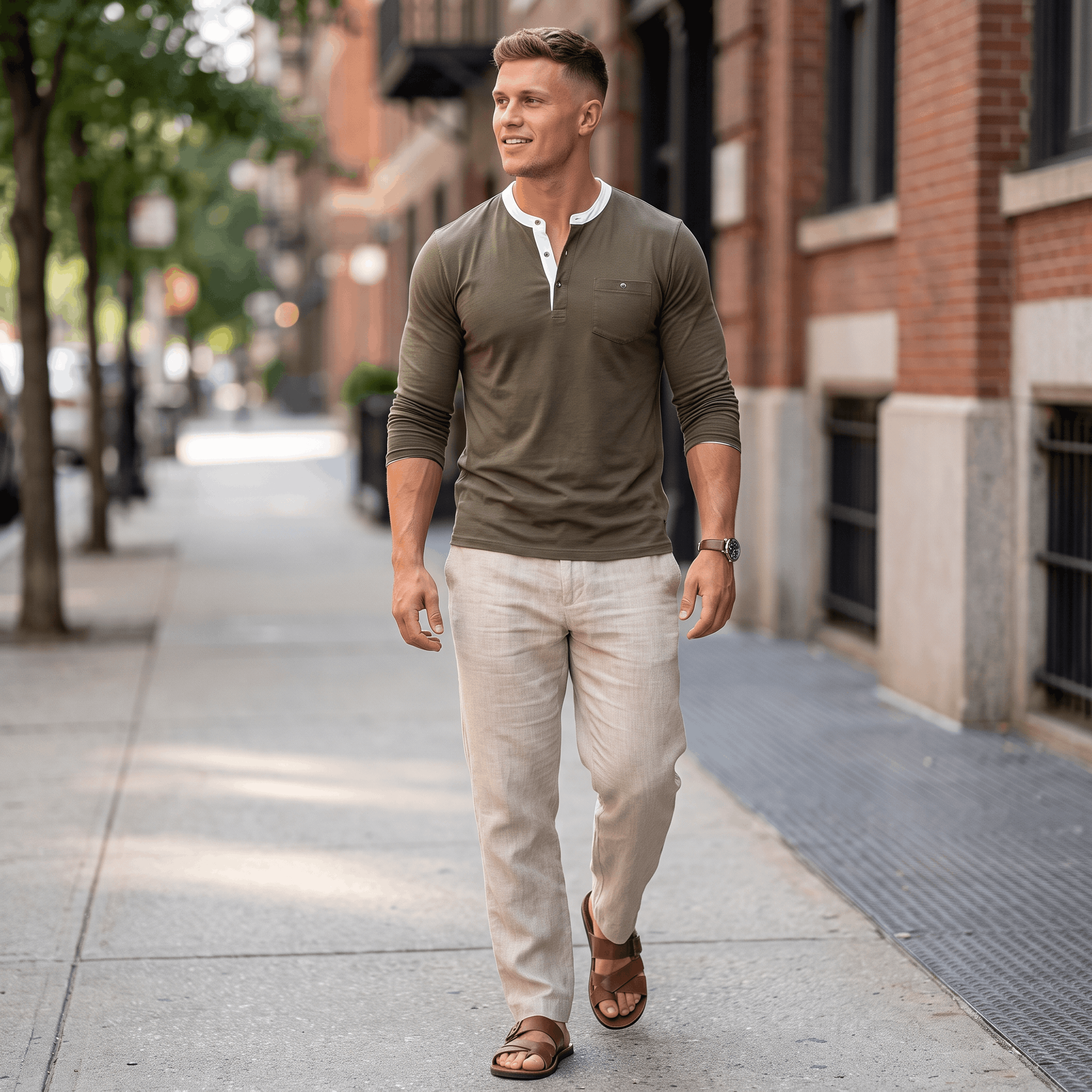Man wearing an olive green long-sleeve Henley sweater with beige trousers walking in an urban street setting.