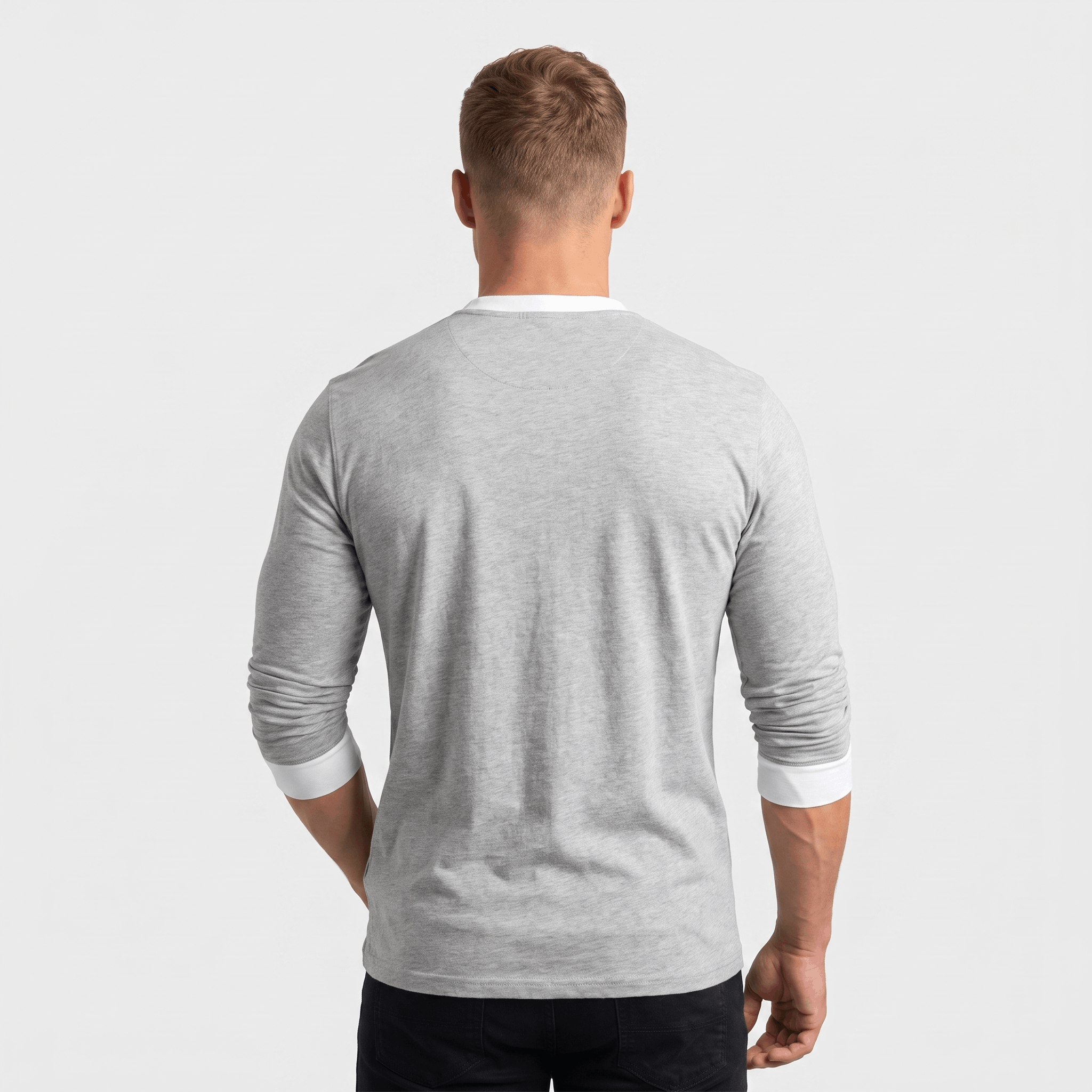 Back view of a men's light gray ribbed quarter-zip knit sweater featuring a stand collar, vertical ribbed texture, and classic fit.