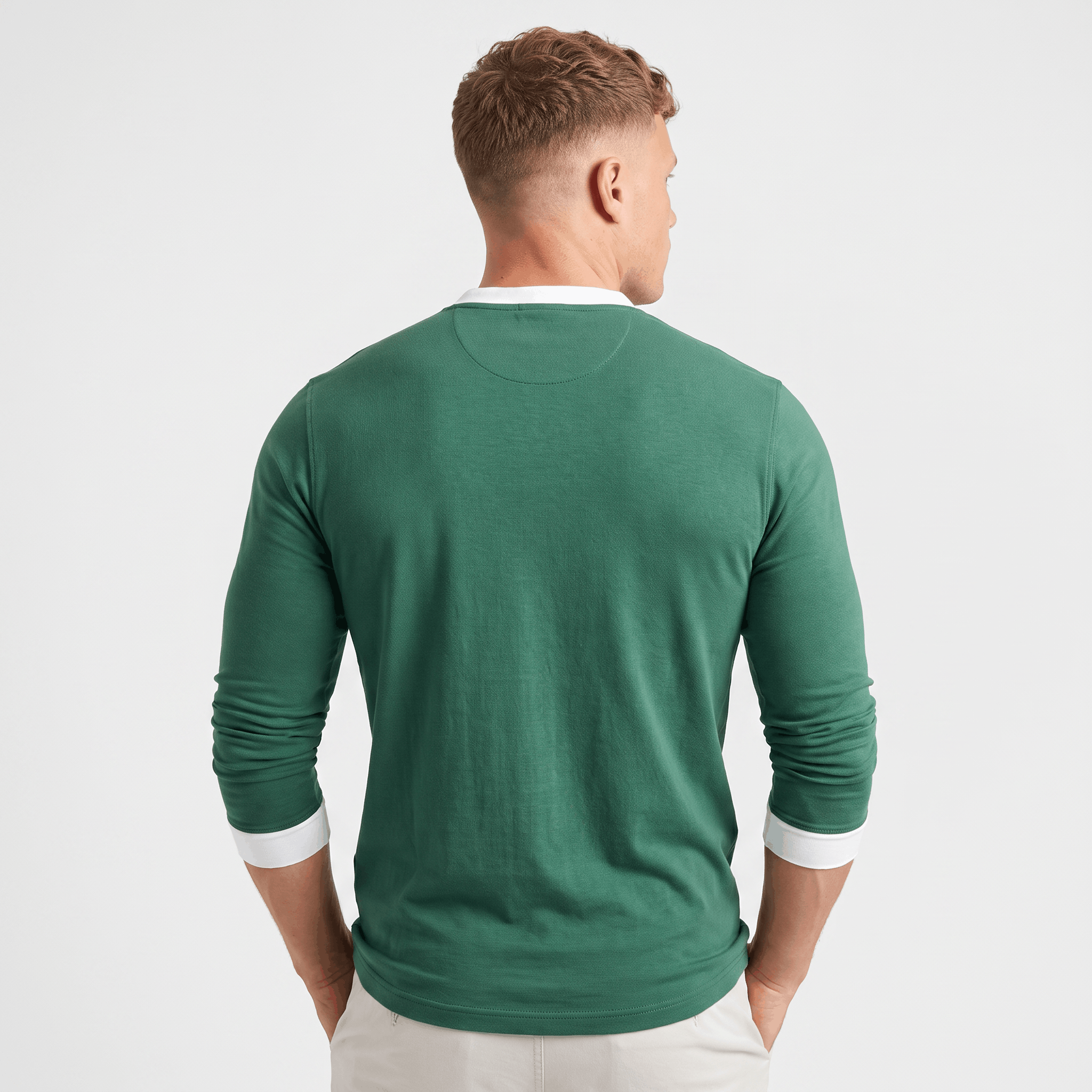 Back view of a men's green long-sleeve Henley sweater with ribbed cuffs and a classic fit.