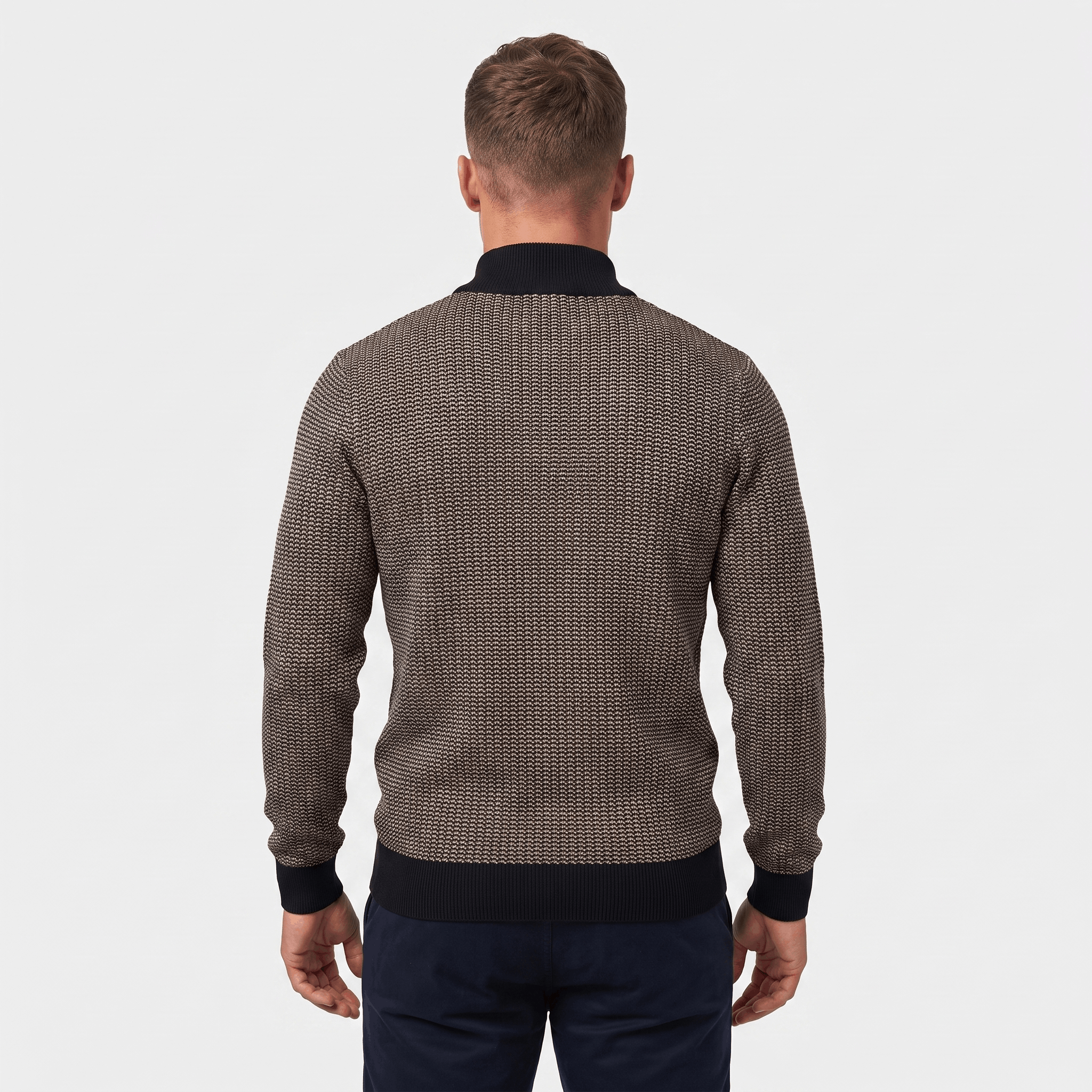 Back view of a men's brown textured quarter-zip knit sweater featuring a stand collar, long sleeves, and an all-over geometric knit pattern.