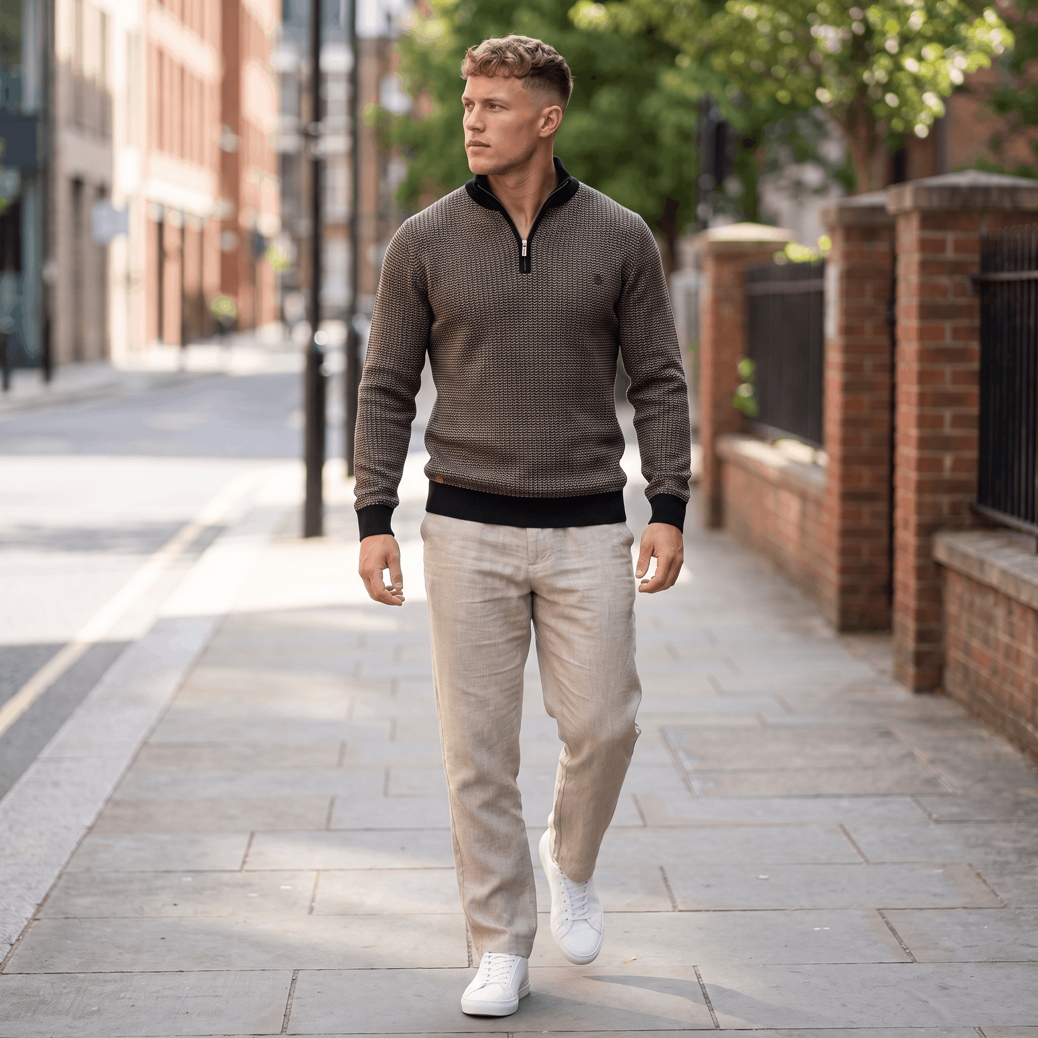 Man wearing a brown textured quarter-zip knit sweater paired with light-colored trousers while walking in an urban street setting.