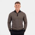 Man wearing a brown textured quarter-zip knit sweater with a stand collar, long sleeves, and a modern slim fit.