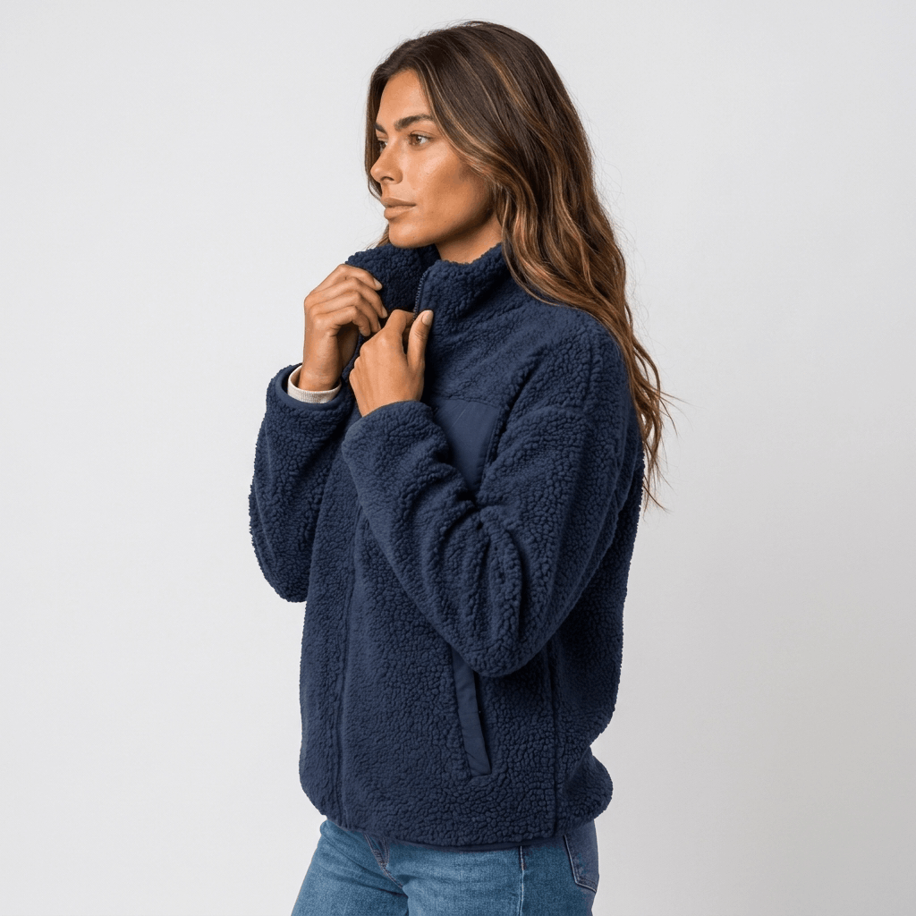 Side view of a woman wearing a navy blue textured fleece jacket with a stand collar and front zip closure.