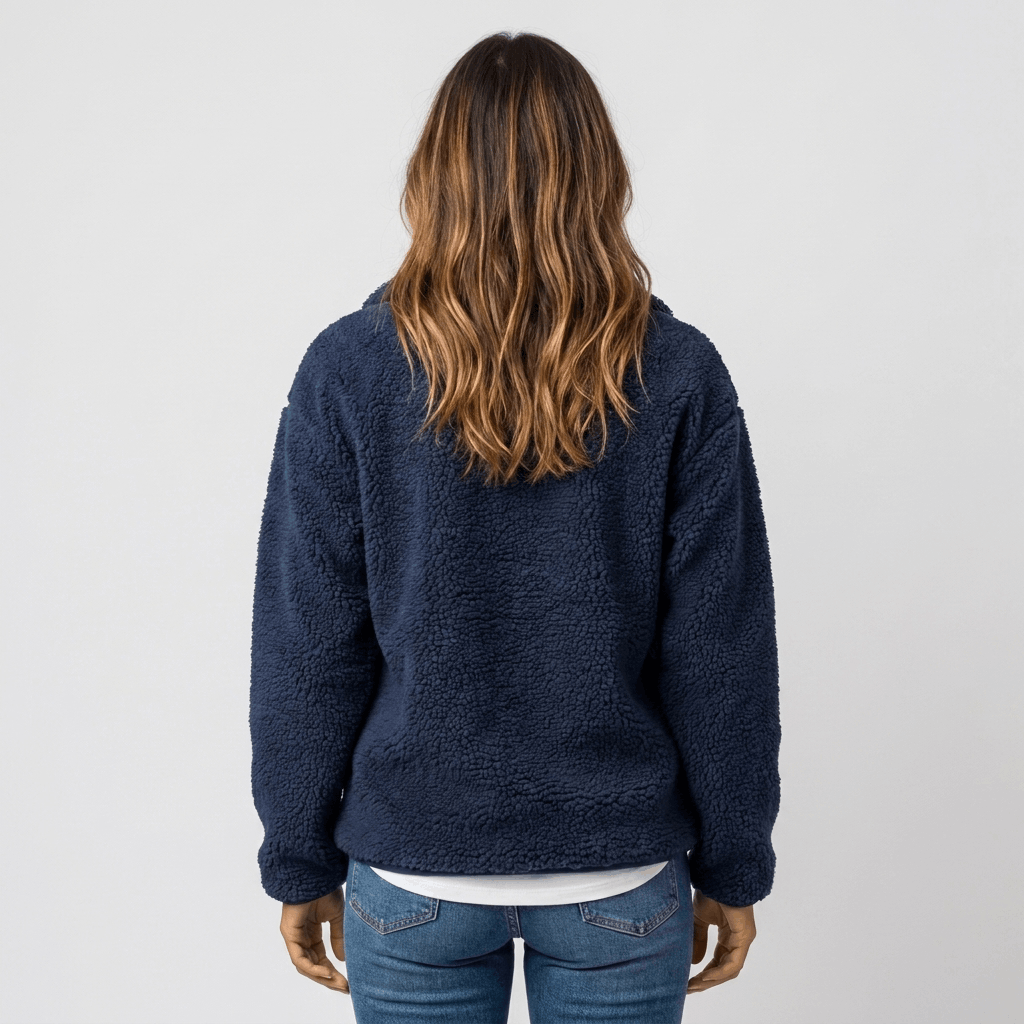 Back view of a woman wearing a navy blue textured fleece jacket with a relaxed fit and long sleeves.