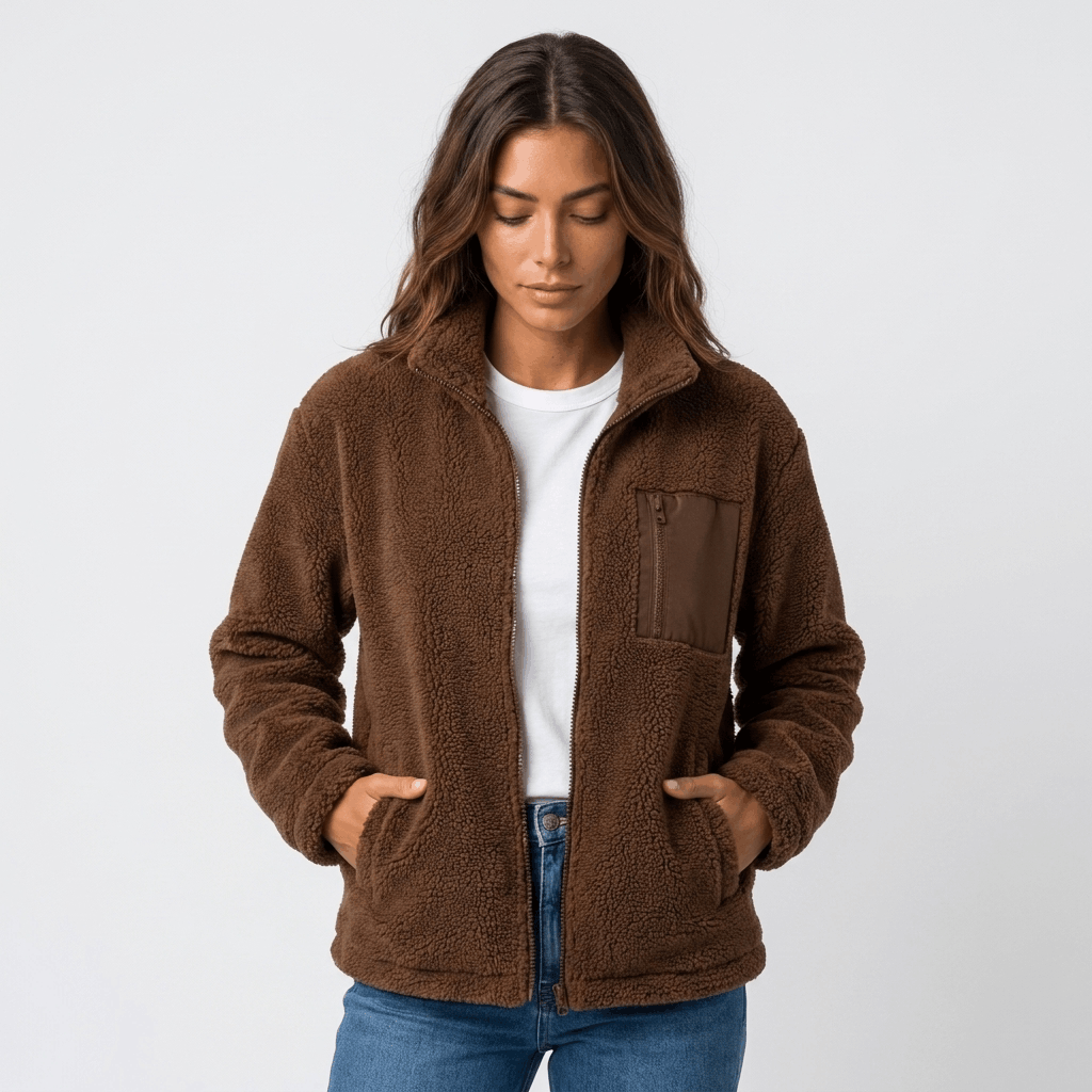 Woman wearing a brown textured fleece jacket with a stand collar, front zip closure, and relaxed fit over a white top and blue jeans.