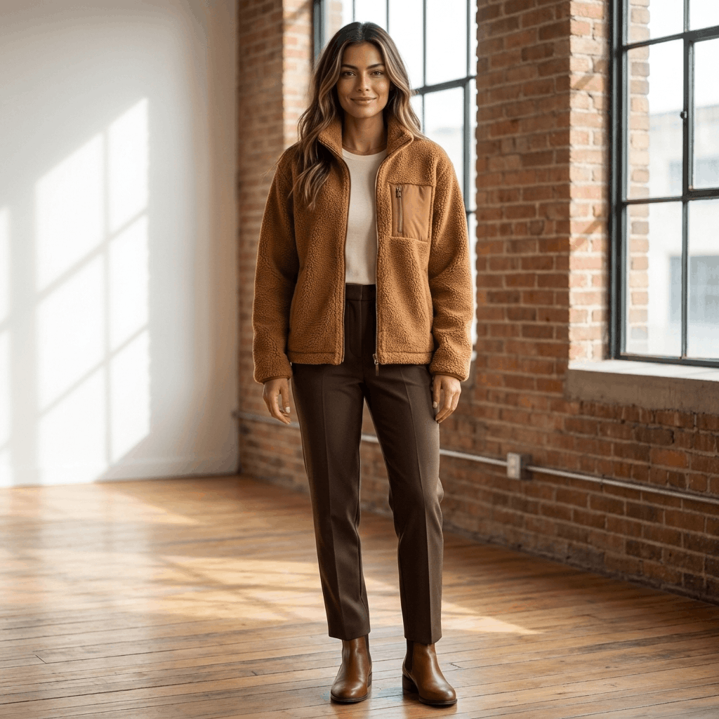 Woman wearing a brown textured fleece jacket with dark trousers while standing in a bright indoor setting.