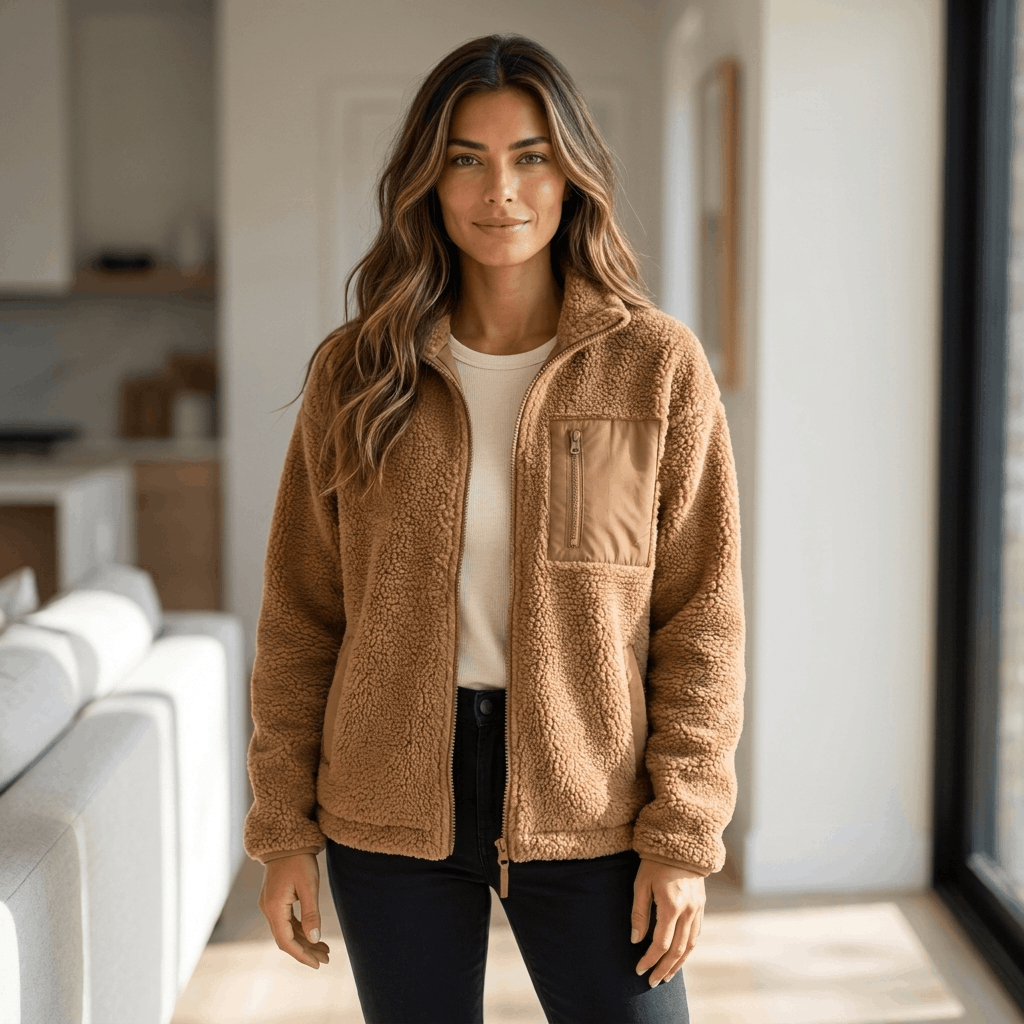 Woman wearing a brown textured fleece jacket over a white top and dark trousers while standing in a bright modern interior.