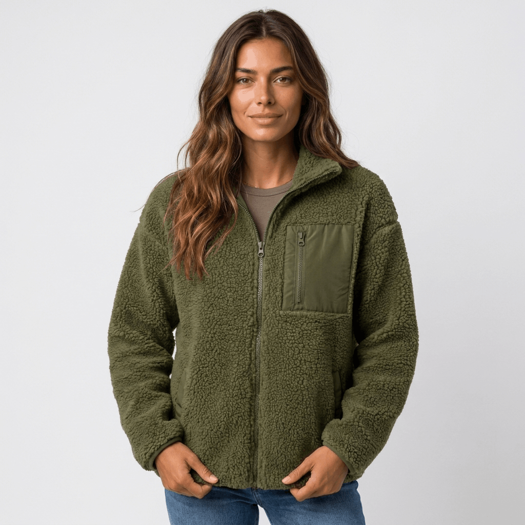 Woman wearing an olive green textured fleece jacket with a stand collar, front zip closure, and relaxed fit.