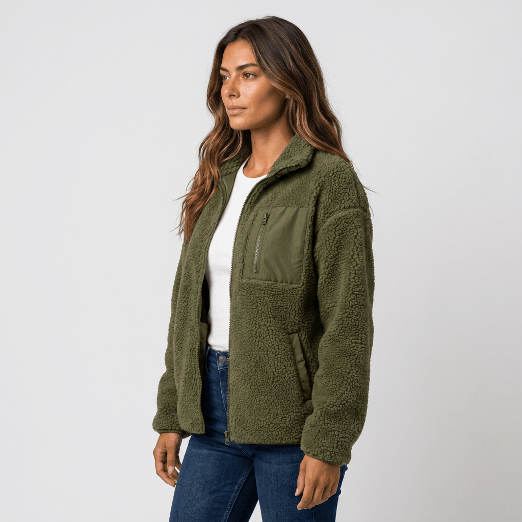 Side view of a woman wearing an olive green textured fleece jacket with a stand collar and front zip closure.
