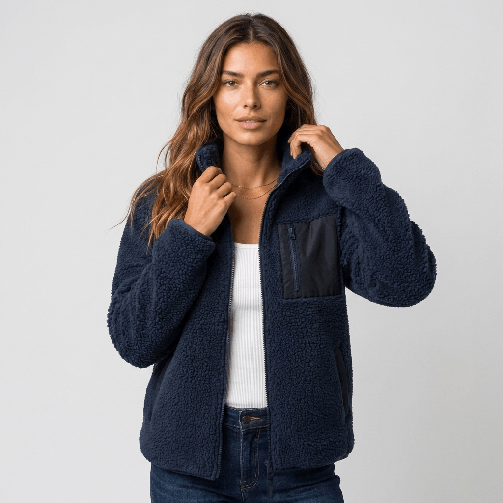 Woman wearing a navy blue textured fleece jacket with a stand collar, front zip closure, and relaxed fit, holding the collar.