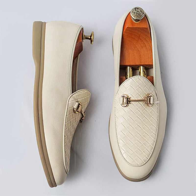 Harrison Men’s Leather Loafers – Woven Vamp with Gold Horsebit Detail