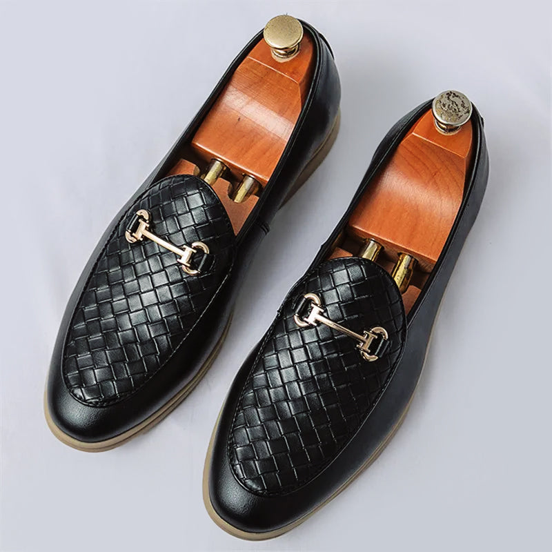 Harrison Men’s Leather Loafers – Woven Vamp with Gold Horsebit Detail