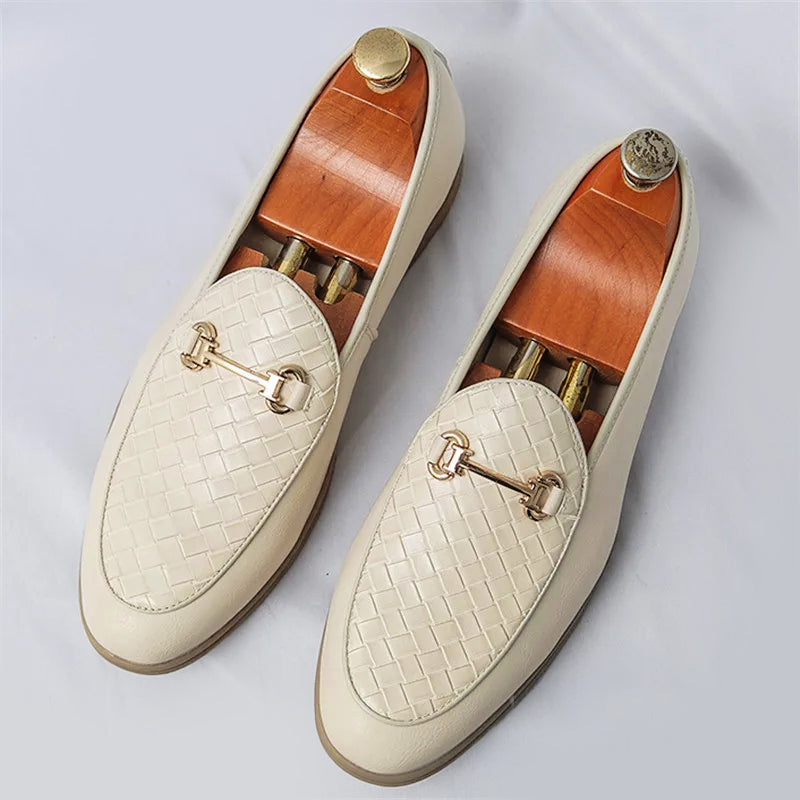 Harrison Men’s Leather Loafers – Woven Vamp with Gold Horsebit Detail
