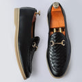 Harrison Men’s Leather Loafers – Woven Vamp with Gold Horsebit Detail