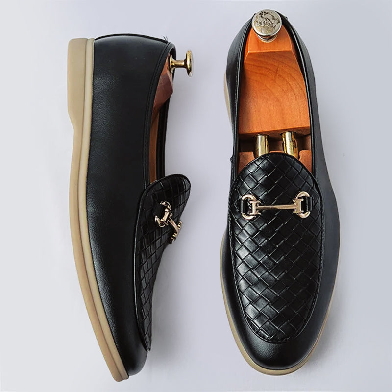 Harrison Men’s Leather Loafers – Woven Vamp with Gold Horsebit Detail