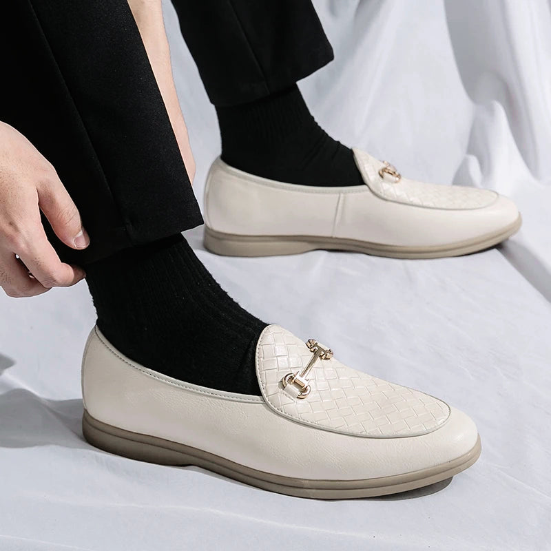 Harrison Men’s Leather Loafers – Woven Vamp with Gold Horsebit Detail
