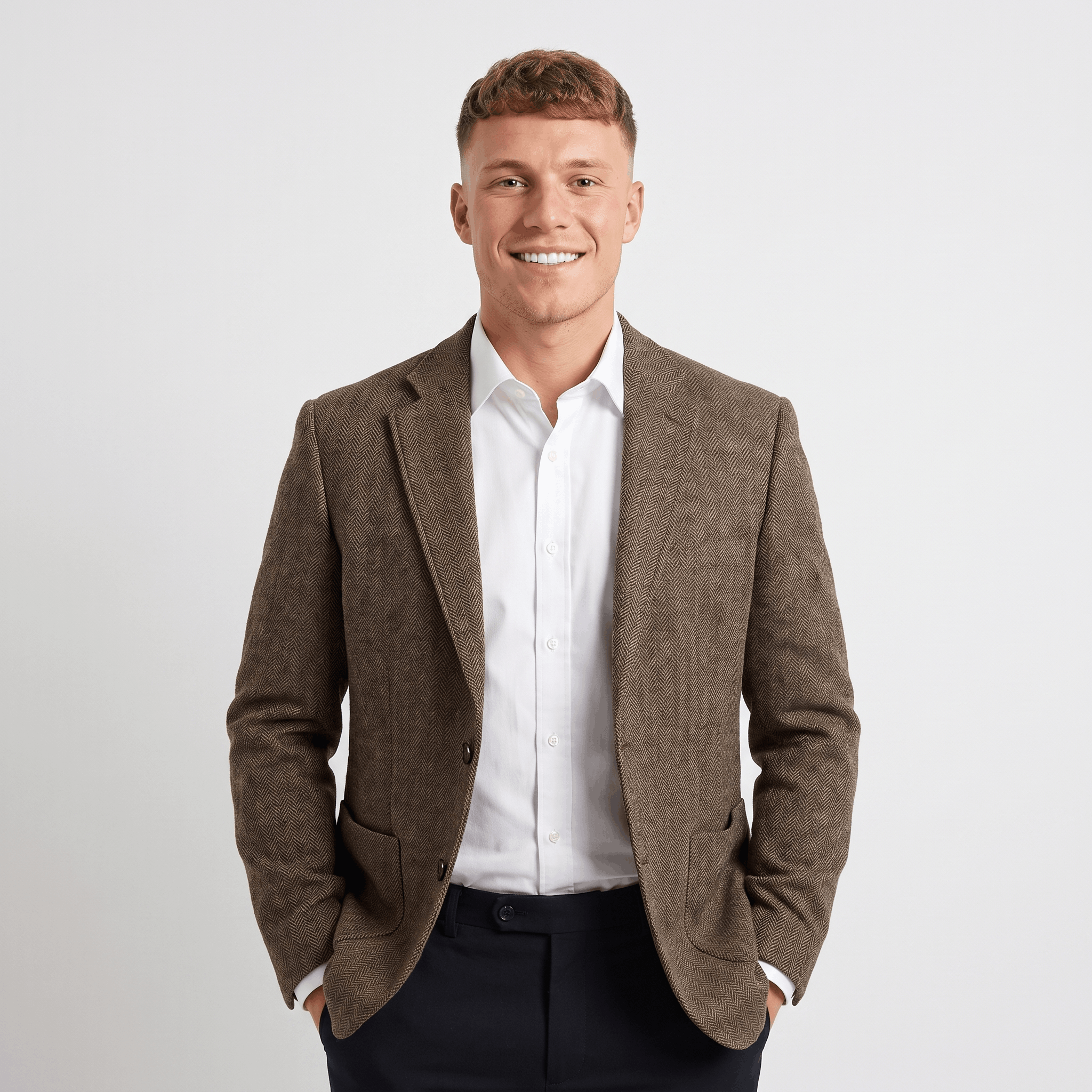 Man wearing a brown tweed blazer over a white dress shirt and dark trousers, featuring a notched lapel and tailored fit.