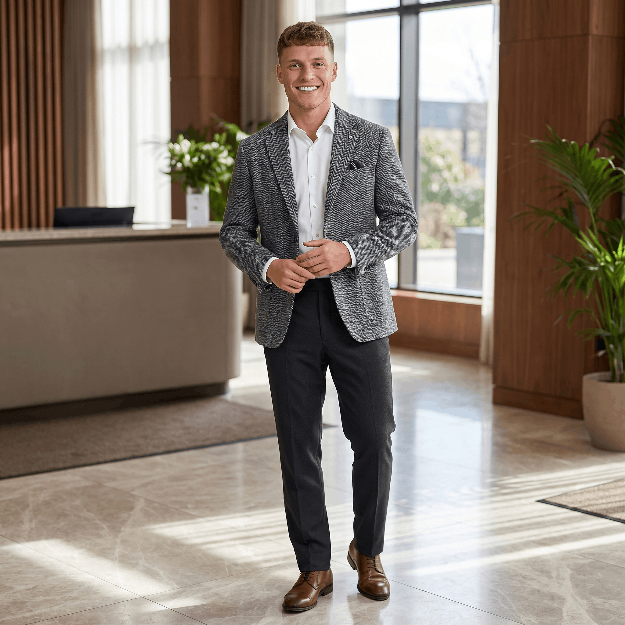 Man wearing a gray tweed blazer, white dress shirt, and dark trousers while standing in a bright modern interior.