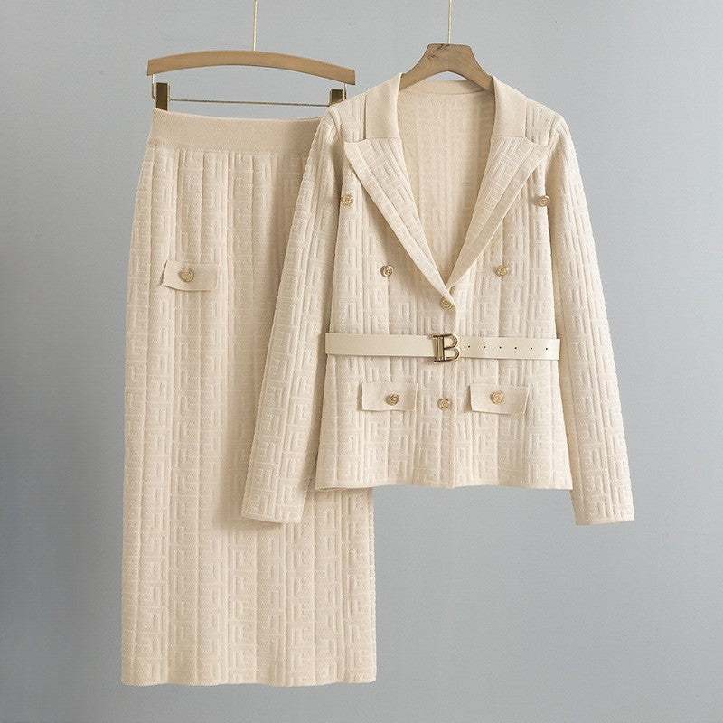 Francesca Women’s Tailored Blazer & Skirt Set – Grid Texture with Belted Waist