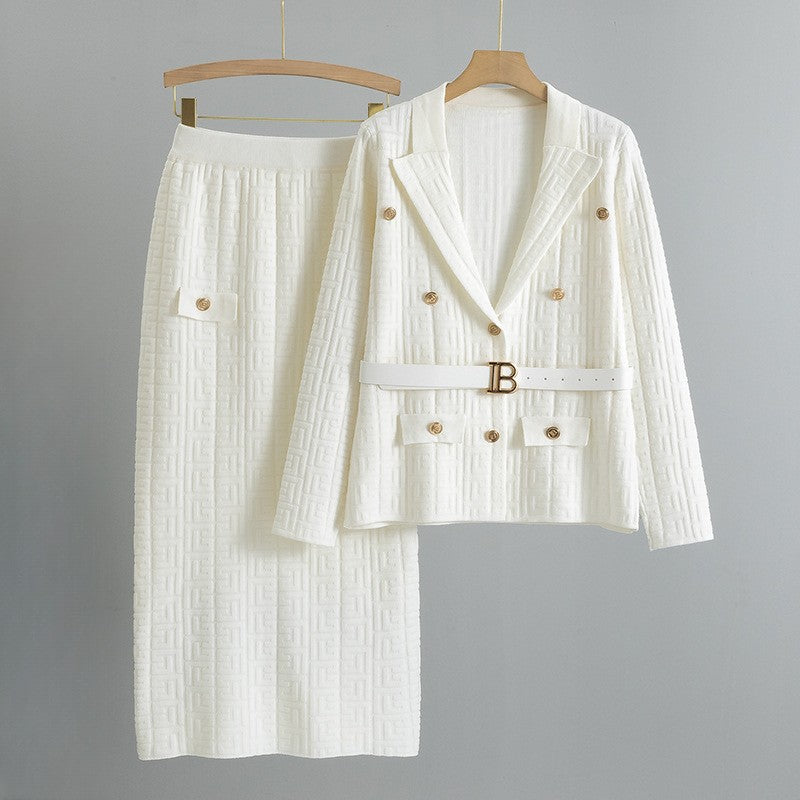 Francesca Women’s Tailored Blazer & Skirt Set – Grid Texture with Belted Waist