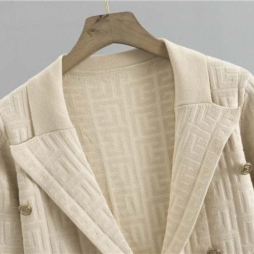 Francesca Women’s Tailored Blazer & Skirt Set – Grid Texture with Belted Waist