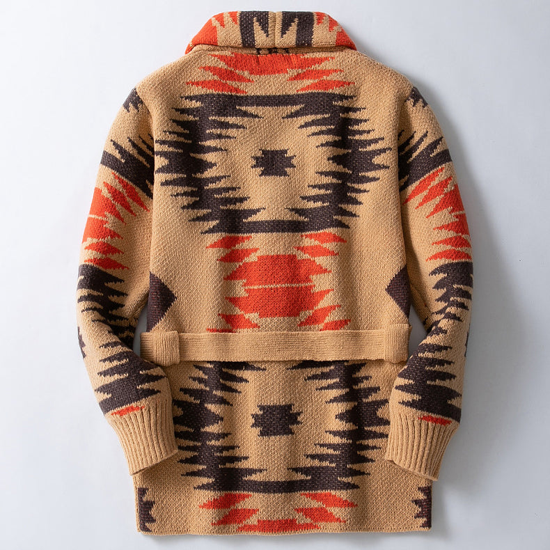 Dante Men’s Knit Cardigan – Mid-Length Jacquard Sweater with Belt