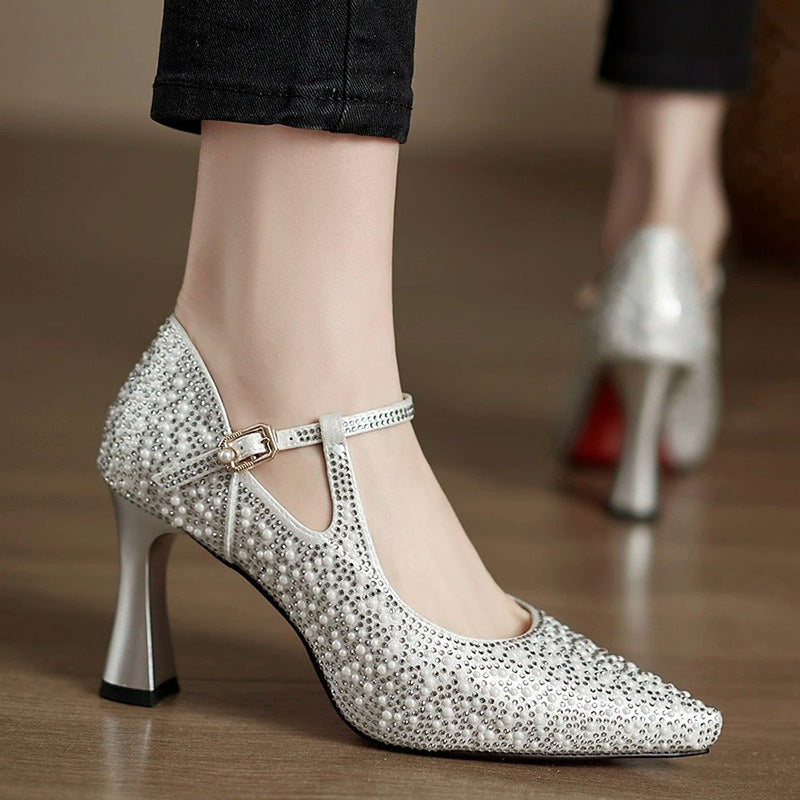 Tracey Women’s Rhinestone Heels – Satin Pointed Toe