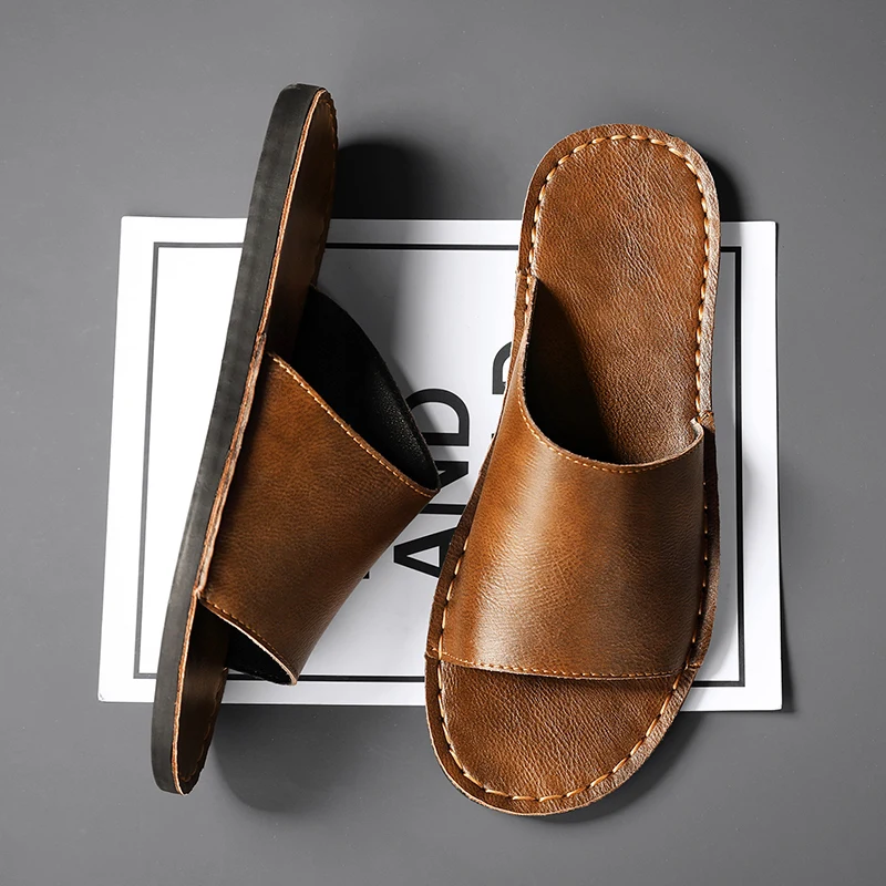 Romeo Genuine Leather Slide Sandal – Hand-Sewn Cushioned Summer Footwear