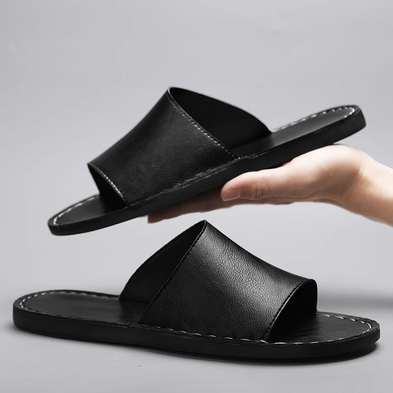 Romeo Genuine Leather Slide Sandal – Hand-Sewn Cushioned Summer Footwear
