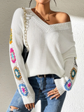 Solene Women’s Knit Pullover – Cotton Sweater with Crochet Patchwork Sleeves