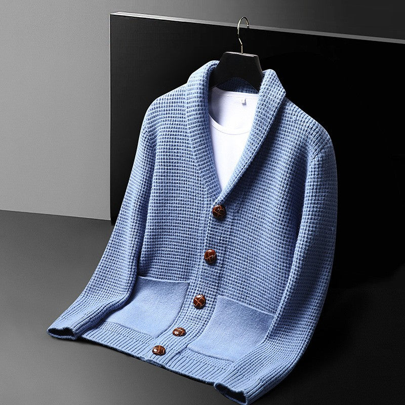 Matthew Men’s Waffle Knit Cardigan – Premium Knit Blend & Shawl Collar