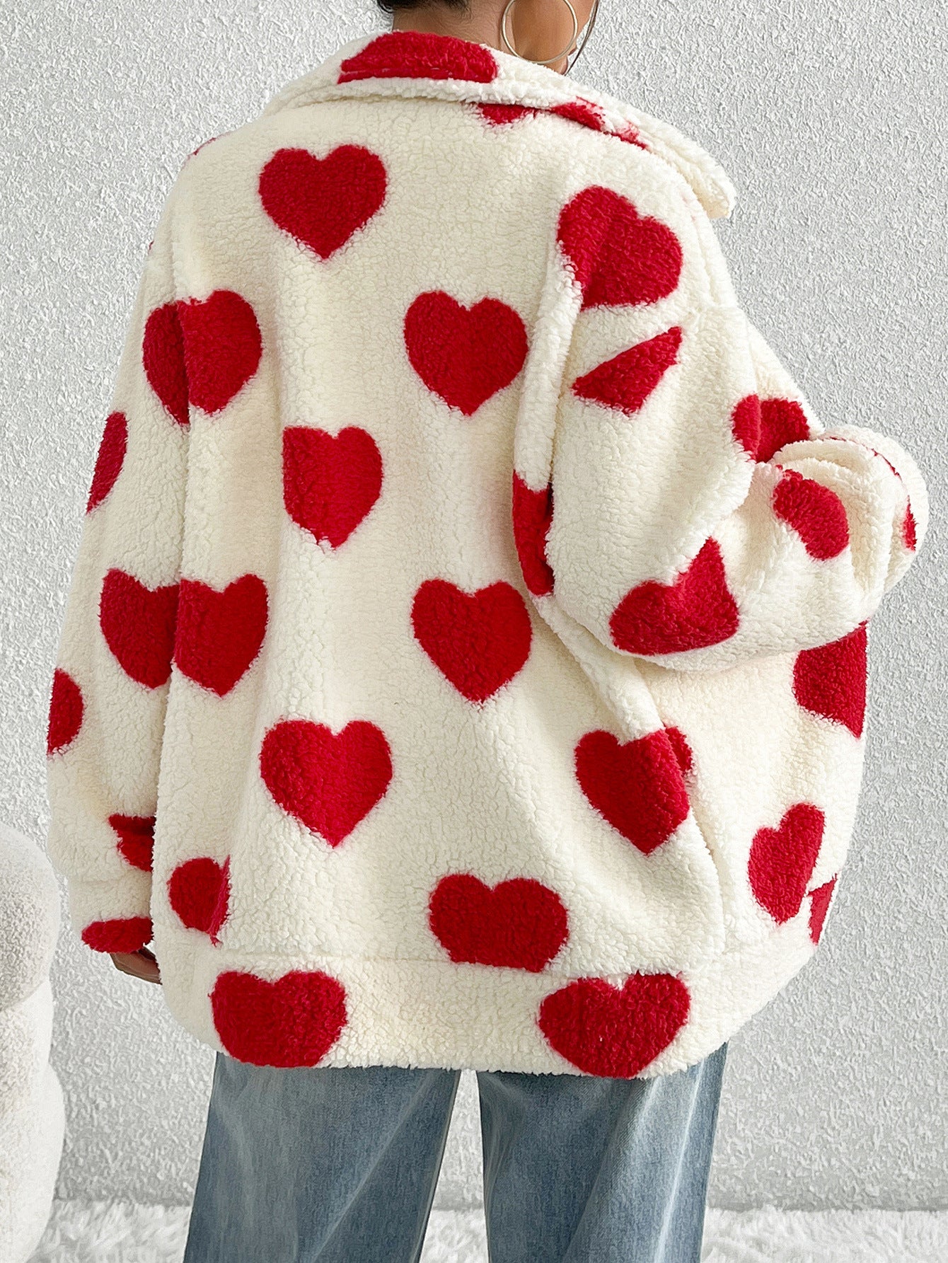 Maribela Women’s Sherpa Zip Up Jacket – Plush Heart Print with Stand Collar