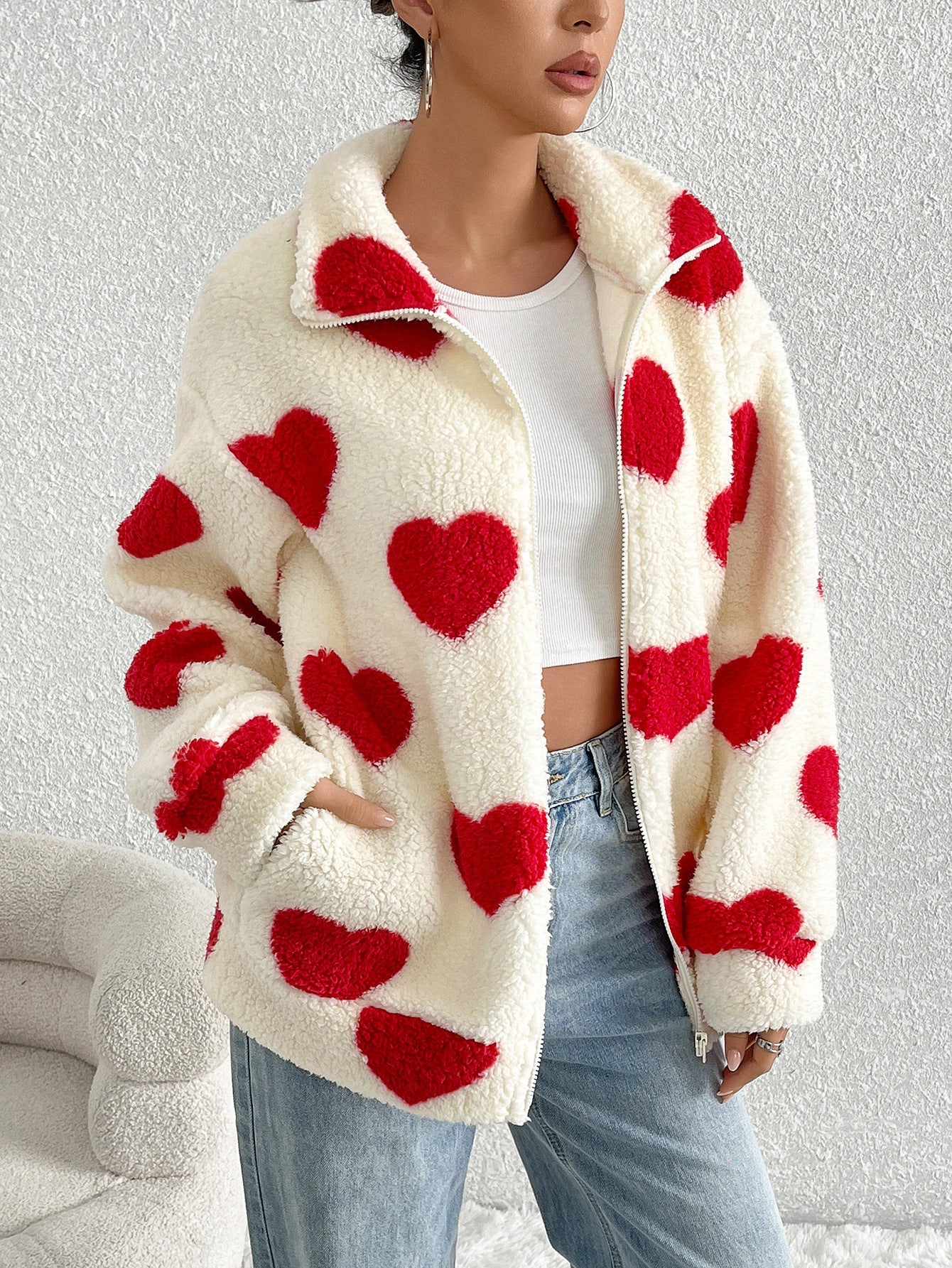 Maribela Women’s Sherpa Zip Up Jacket – Plush Heart Print with Stand Collar