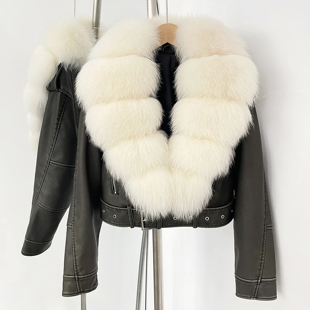 Almira Women’s Aviator Jacket – Fur Collared Faux Leather Cropped Winter Coat